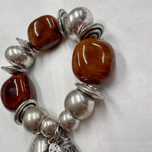 Vintage Stretch Charm Bracelet | Brown Ceramic Beads & Silver Tone Heart Tassel | Chunky Statement Jewelry