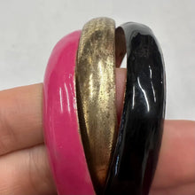 Vintage Triple Bangle Bracelet | Hot Pink, Black & Antique Gold Connected Bangles | Bold Y2K Statement Jewelry