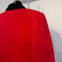 Vintage French Red Wool Blazer, 80s Red Double Breasted Jacket, Black Velvet Collar, Tailored Peplum Jacket, Made in France