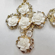 Vintage White Rose Cross Statement Earrings | Baroque Floral Rhinestone Drop Earrings | Gold Tone Romantic Gothic Jewel