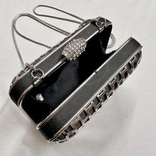 Witchery Black Silver Box Clutch Bag, Rhinestone Clasp Evening Purse, Metal Cage Chain Shoulder Bag, Y2K Party Handbag