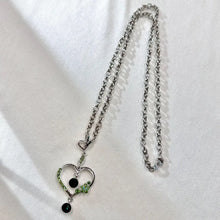 Vintage Heart Pendant Necklace / Green Rhinestone Necklace / Y2K Silver Necklace / Statement Heart Jewelry / Floral Charm Necklace