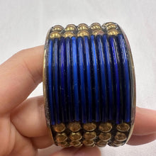 Vintage Blue Tube Bead Bangle / Tribal Statement Bracelet / Boho Brass Stud Cuff