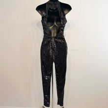 Black Sequin Halter Jumpsuit, Geometric Stripe Open Back Party Outfit (Size S)