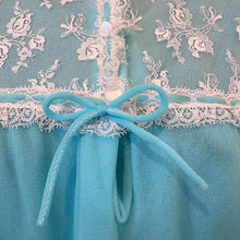 Vintage Aqua Blue Long Sleeve Granny Nightgown - White Embroidered Lace Bodice Yoke Bow Accent Sleep Dress - Fits Modern Large