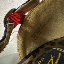 Red Suede Black Patent T-Strap Heels: Leopard Insole, Button Detail Pumps (Size 10)