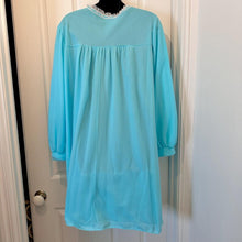 Vintage Aqua Blue Long Sleeve Granny Nightgown - White Embroidered Lace Bodice Yoke Bow Accent Sleep Dress - Fits Modern Large