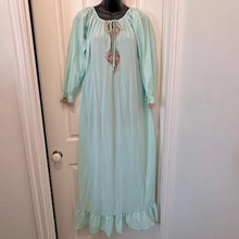 Vintage 1970s Vieling Mint Green Maxi Nightgown | Pleated All Nylon Sleepwear with Contrast Lace & Ruffle Hem | Size 12 Fits Small to Medium