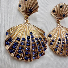 Vintage Gold Seashell Statement Earrings | Blue Rhinestone Shell Drop Earrings | Coastal Nautical Earrings | Ocean Inspired Jewellery