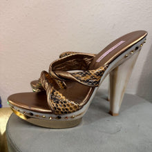 Vintage Tony Keuylian Snake Print Platform Mules – Gold Bronze Leather Y2K Sandals