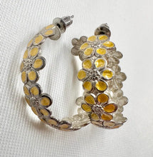Vintage Silver Tone & Yellow Daisy Hoop Earrings | Floral Statement Earrings | Retro Flower Hoops