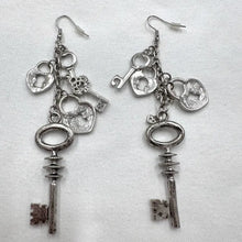 Vintage Silver Key Charm Dangle Earrings – Long Statement Heart & Lock Drop