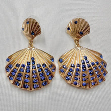 Vintage Gold Seashell Statement Earrings | Blue Rhinestone Shell Drop Earrings | Coastal Nautical Earrings | Ocean Inspired Jewellery