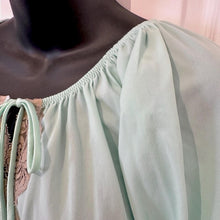 Vintage 1970s Vieling Mint Green Maxi Nightgown | Pleated All Nylon Sleepwear with Contrast Lace & Ruffle Hem | Size 12 Fits Small to Medium