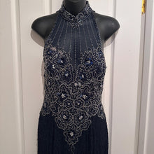 Vintage 1980s Beaded Fringe Dress | Midnight Blue Asymmetric Mock Neck Evening Gown