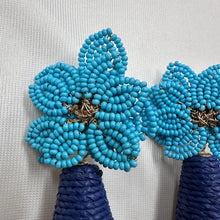 Vintage Blue & Turquoise Beaded Floral Statement Earrings | Raffia Drop Earrings | Tropical Boho Dangle Earrings
