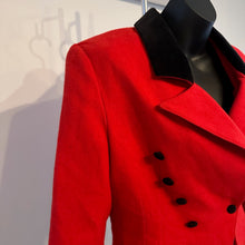 Vintage French Red Wool Blazer, 80s Red Double Breasted Jacket, Black Velvet Collar, Tailored Peplum Jacket, Made in France