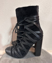 Black Lace-Up Block Heel Boots – Strappy Suede & Leather Look, Statement Ankle Boots