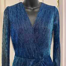 Vintage Electric Blue Metallic Pleated Mini Dress | 1980s Sheer Ruffle Party Cocktail Dress