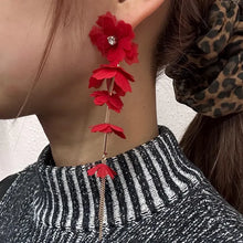Statement Red Floral Drop Earrings | Fabric Flower Cascade Earrings | Gold Tone Long Dangle Stud Earrings