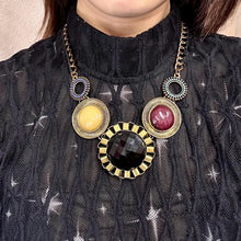 Vintage Chunky Statement Necklace – Oversized Circular Pendant, Faceted Black Stone, Bold Gold Tone Chain