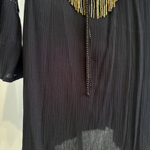 Black Pleated Open Back Tunic Dress, Gold Embellished Long Sleeve Mini Dress, Flared Sleeve Black Dress, Elegant Vintage Eveningwear