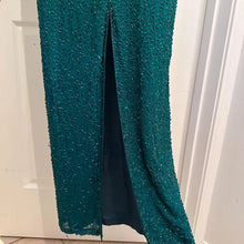 Vintage 80s Heavily Beaded Silk Gown Emerald Teal Sequin Cutout Prom Pageant Dress
