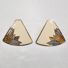 Vintage Cream Enamel Geometric Stud Earrings | Gold Tone Floral Fan Earrings | Retro Statement Jewellery