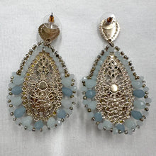 Vintage Pastel Beaded Statement Drop Earrings – Gold Filigree & Crystal Teardrop