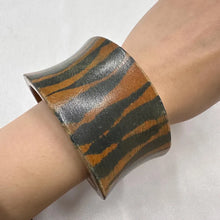 Vintage Wooden Zebra Print Wide Bangle Bracelet, Chunky Brown Black Statement Cuff, Retro Animal Print Boho Bracelet