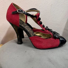 Red Suede Black Patent T-Strap Heels: Leopard Insole, Button Detail Pumps (Size 10)