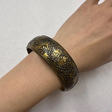 Vintage Engraved Brass Bangle / Floral Etched Statement Bracelet / Bohemian Retro Jewelry