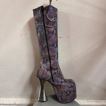 Y2K Platform Knee High Boots by Luchiny | Metallic Snake Print Leather Boots EU 38