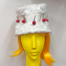 Vintage White Faux Fur Cherry Bucket Hat | Y2K Retro Statement Cap