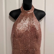 Bariano Rose Gold Sequin Halter Maxi Dress – Y2K Glam Open Back Formal Gown