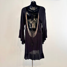 Black Pleated Open Back Tunic Dress, Gold Embellished Long Sleeve Mini Dress, Flared Sleeve Black Dress, Elegant Vintage Eveningwear