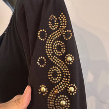Black Gold Rhinestone Maxi Dress, Long Sleeve Deep V Neck Evening Gown, Diagonal Embellished Formal Dress, Elegant Statement Party Wear