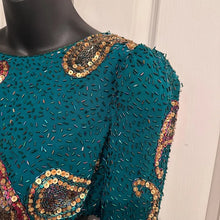 Vintage 80s Heavily Beaded Silk Gown Emerald Teal Sequin Cutout Prom Pageant Dress