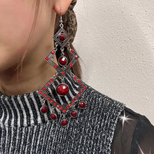 Statement Red Rhinestone Chandelier Earrings | Oversized Geometric Dangle Earrings | Silver Tone Gothic Boho Earrings
