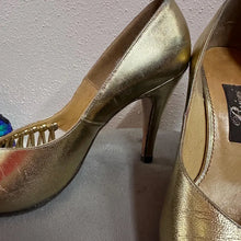 Vintage Gold Leather Peep Toe Heels Size EU 37 | Woven Detail Pumps Metallic Party Shoes Stiletto Heel