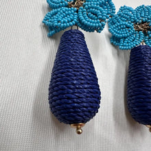 Vintage Blue & Turquoise Beaded Floral Statement Earrings | Raffia Drop Earrings | Tropical Boho Dangle Earrings