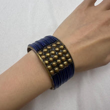 Vintage Blue Tube Bead Bangle / Tribal Statement Bracelet / Boho Brass Stud Cuff