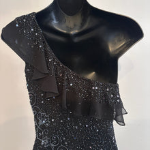 Vintage Black Beaded Sequin One Shoulder Maxi Dress, Silver Floral Embellished Evening Gown, Asymmetric Ruffle Hem, Statement Party Dress