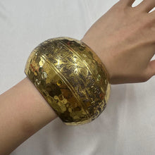 Vintage Oversized Etched Brass Cuff Bangle / Statement Gold Tone Wide Bracelet / Boho Tribal Dome Bracelet