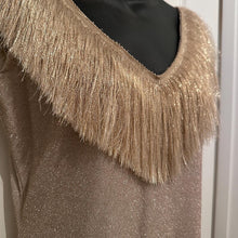 Vintage Metallic Rose Gold Fringe V-Neck Maxi Dress Size M Shimmer Column Slit