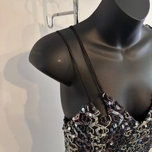 Angelucci Design Sequin Maxi Dress, Black Silver Mermaid Hem, Spaghetti Strap Evening Gown