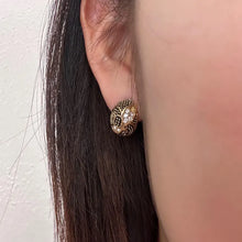 Vintage Gold Tone Rhinestone Stud Earrings – Oval Black & Crystal Accent