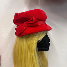 Vintage Red Velour Cloche Hat | Oversized Bow, Asymmetrical Brim, Plush Fabric (54cm)