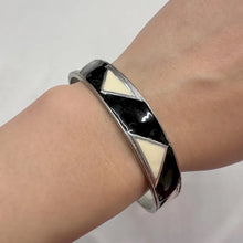 Vintage Black & Ivory Geometric Enamel Bangle | Silver Tone Statement Bracelet | Art Deco Style