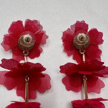 Statement Red Floral Drop Earrings | Fabric Flower Cascade Earrings | Gold Tone Long Dangle Stud Earrings